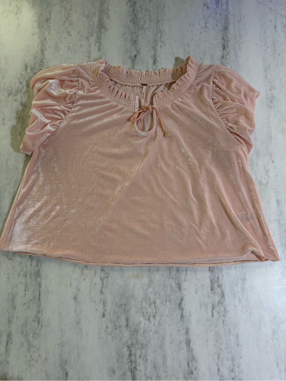 Free People Soft Ballet Pink Girly Cottagecore Velvet Ruffle Tie-Neck Top L